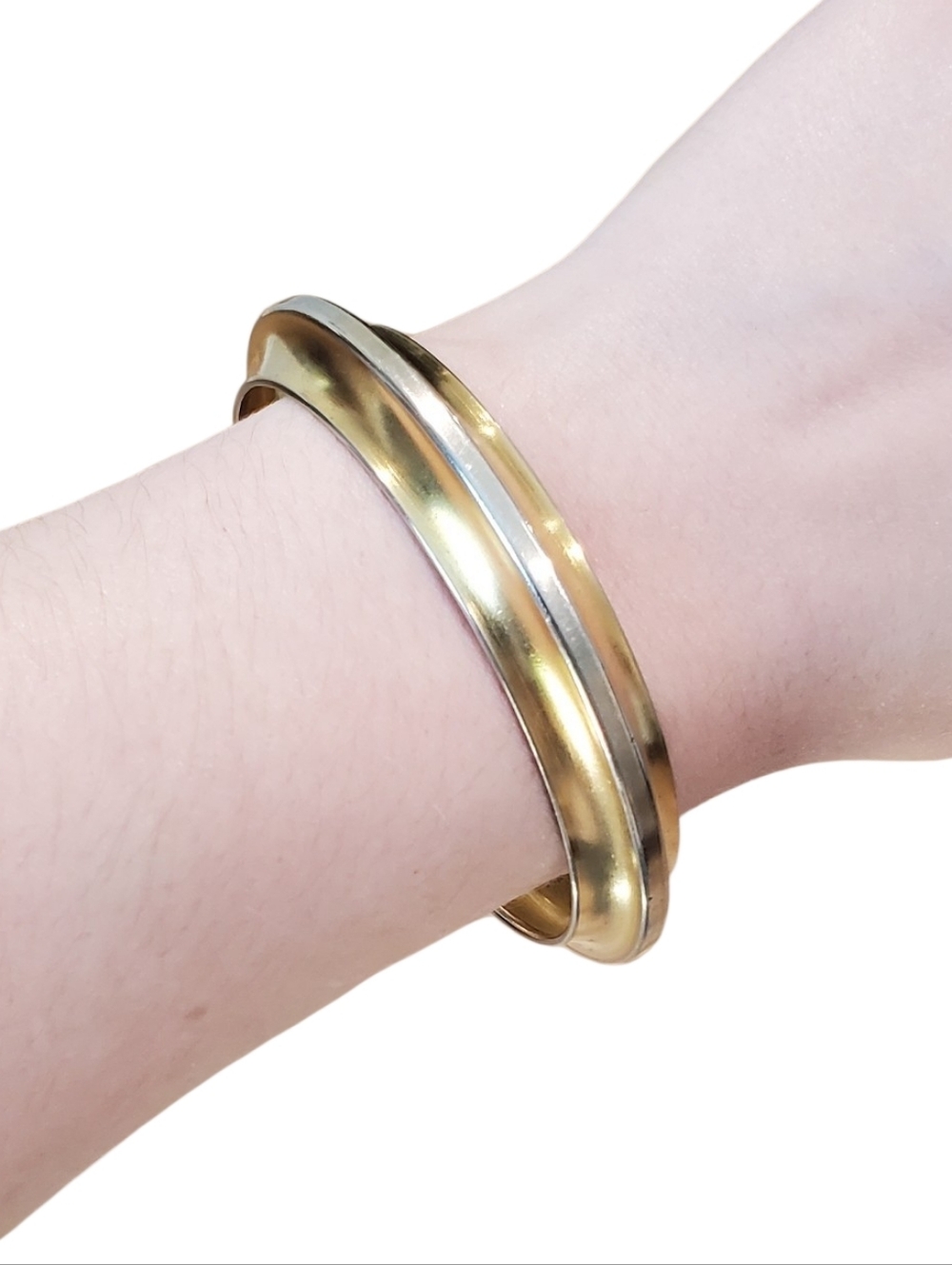 Estate Unsigned Two-Tone Metal One-Edge Beveled Sikh Kara Bangle Bracelet